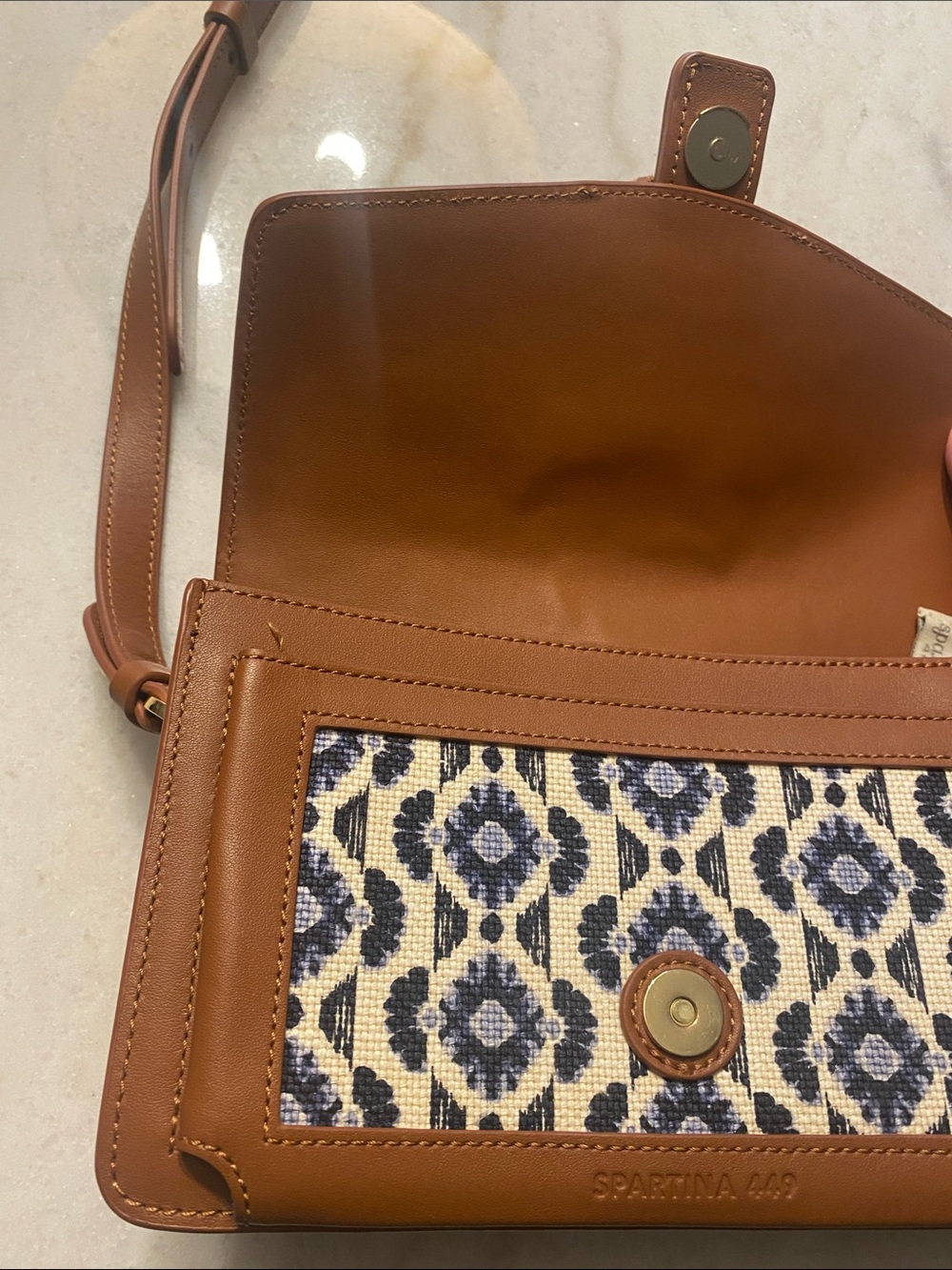 Spartina 449 Brown Leather-Trim Crossbody Bag with Blue raffia Pattern - Picture 4 of 13